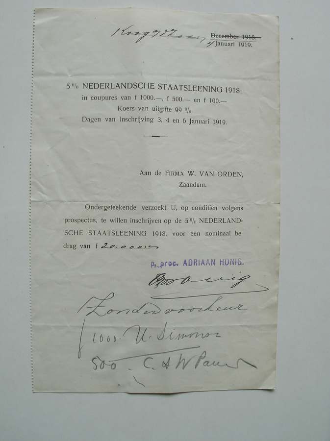 (genealogie, zaanstreek). - Ondergeteekende (Adriaan Honig) verzoekt u, op conditien volgens prospectus in te schrijven op de 5% Nederlandsche staatslening 1918.
