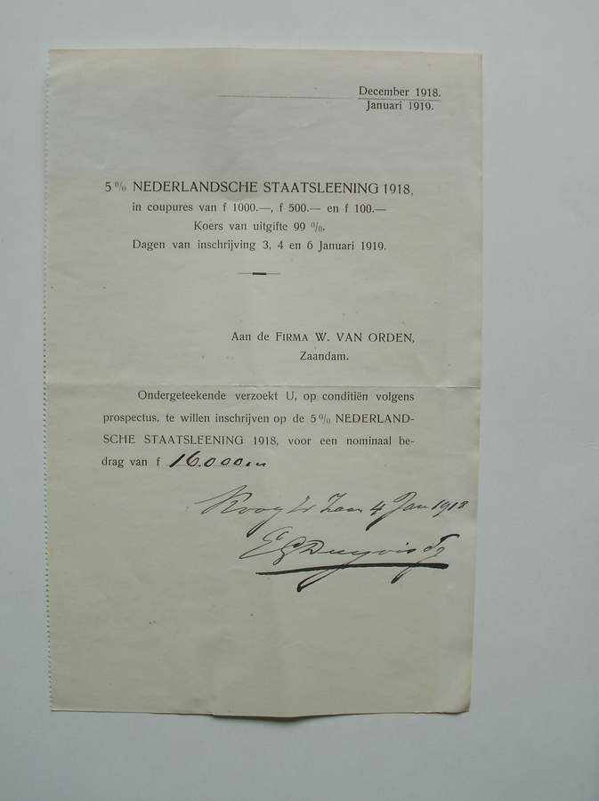 (genealogie, zaanstreek). - Ondergeteekende (E.G. Duyvis) verzoekt u, op conditien volgens prospectus in te schrijven op de 5% Nederlandsche staatslening 1918.