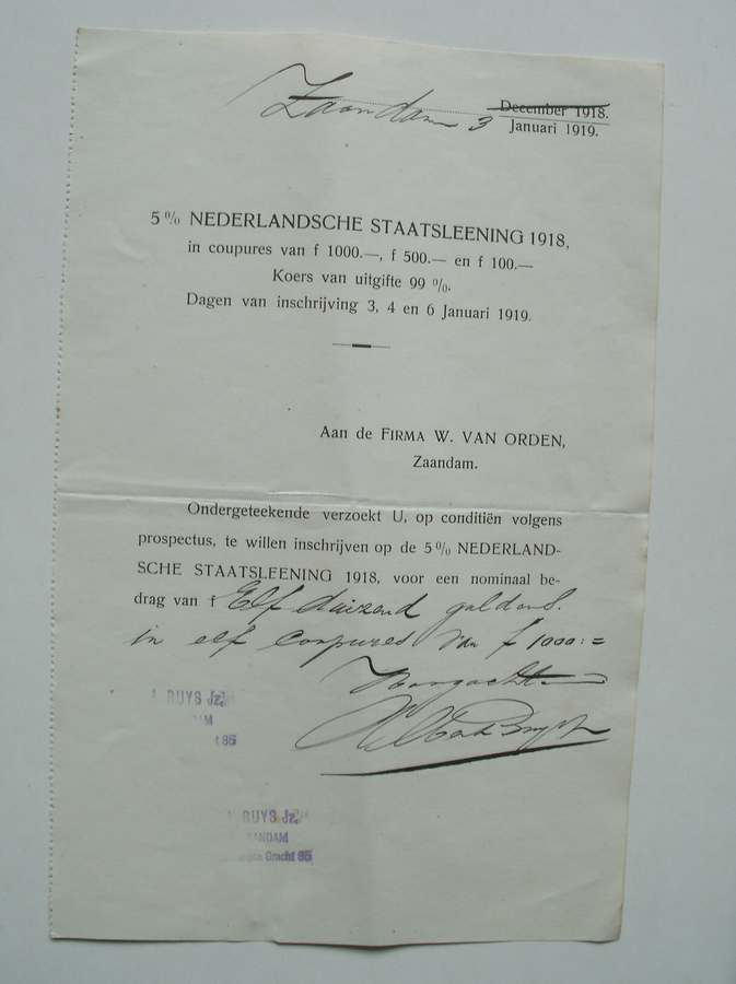 (genealogie, zaanstreek). - Ondergeteekende (A. Buys Jzn.) verzoekt u, op conditien volgens prospectus in te schrijven op de 5% Nederlandsche staatslening 1918.