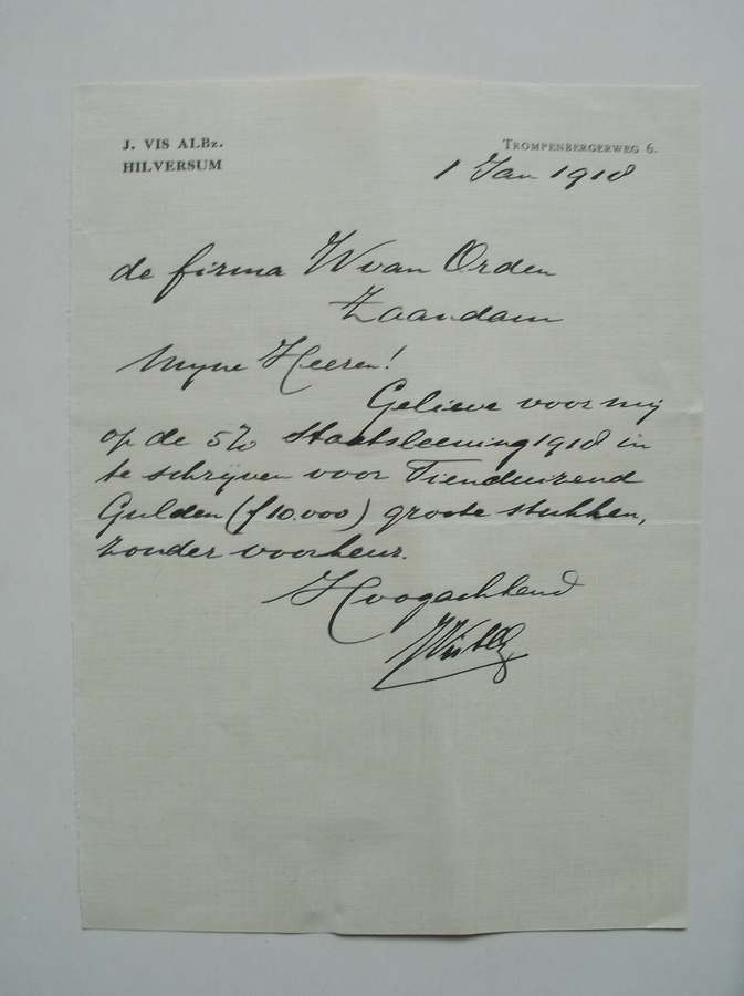 manuscript. - Gelieve voor mij (J. Vis Alb. zn.) in te schrijven op de 5% Nederlandsche staatslening 1918.