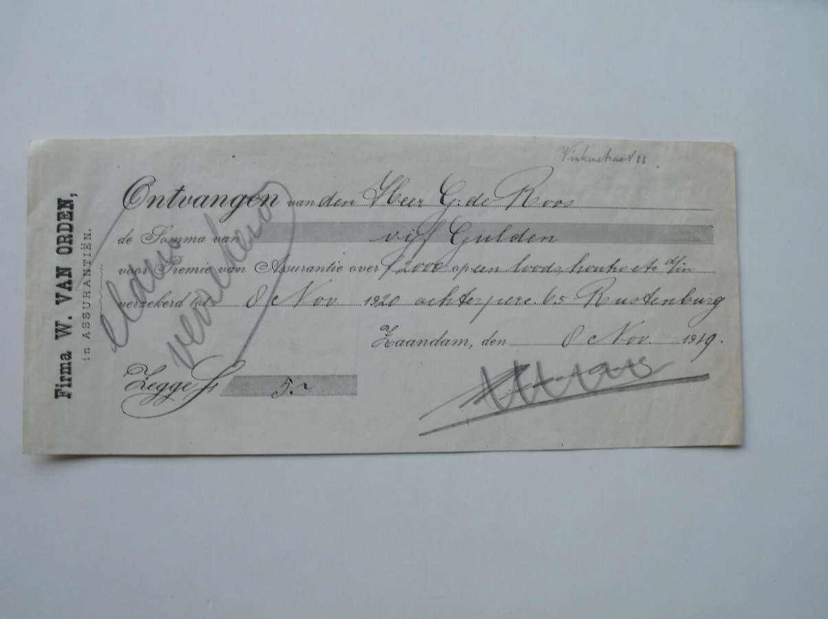 kwitantie. manuscript. - Ontvangen van den Heer G. de Roos (..). Rustenburg.