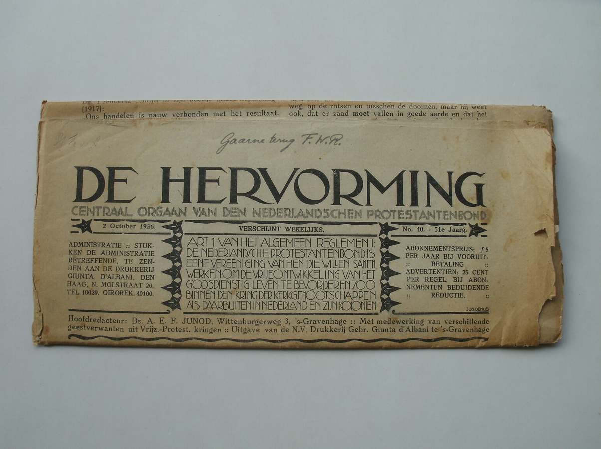 JUNOD, A.E.F. (RED.), - De hervorming. Centraal orgaan van den Nederlandschen protestantenbond.