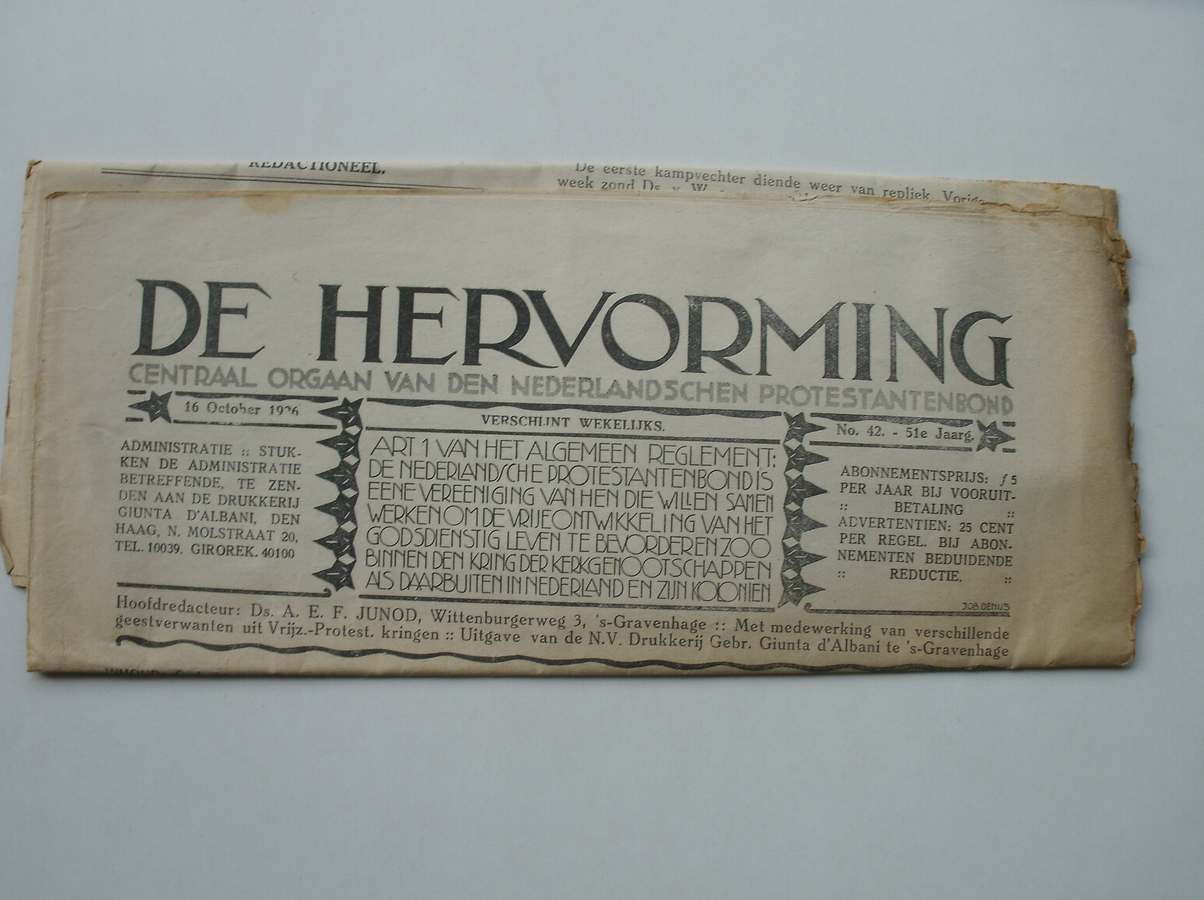 JUNOD, A.E.F. (RED.), - De hervorming. Centraal orgaan van den Nederlandschen protestantenbond.