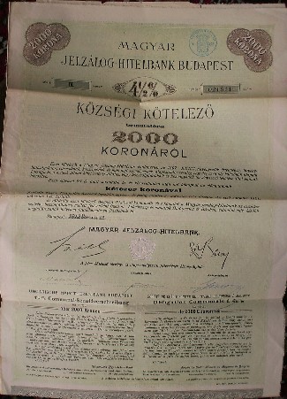 antique stock. aandeel. - Ungarische Hypotheken Bank. 4 1/2 % Communal Schuldverschreibung. 2000 Kronen.