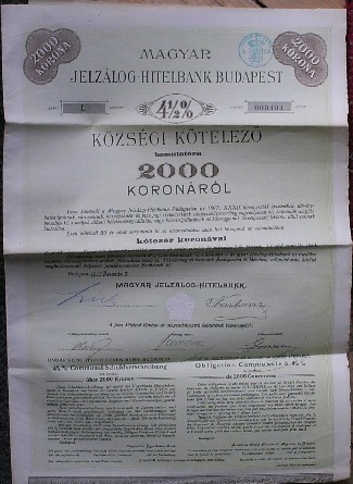 antique stock. aandeel. - Ungarische Hypotheken Bank. 4 1/2 % Communal Schuldverschreibung. 2000 Kronen.