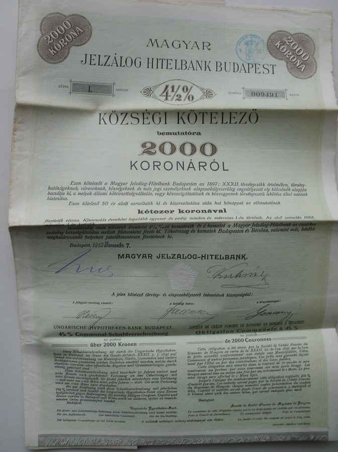 antique stock. aandeel. - Ungarische Hypotheken Bank. 4 1/2 % Communal Schuldverschreibung. 2000 Kronen.