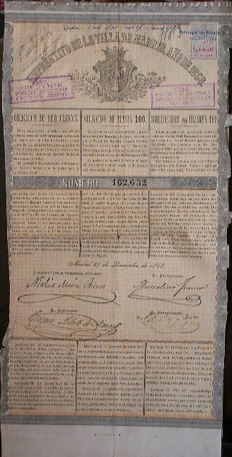 antique stock. aandeel. - Emprestito de la villa de Madrid. Obligacion de 100 francs.