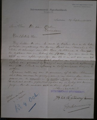 (zaanstreek). - Intercommunale Hypotheekbank. Brief Gesigneerd Jhr. von Bonning Hausen.