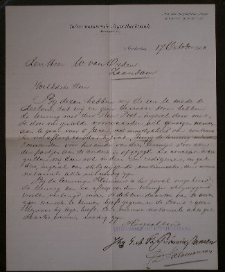 (zaanstreek). - Intercommunale Hypotheekbank. Brief Gesigneerd Jhr. von Bonning Hausen.