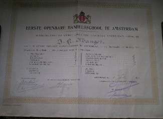 manuscript. - Eerste openbare handelsschool te Amsterdam. Diploma. J.G. Manger.