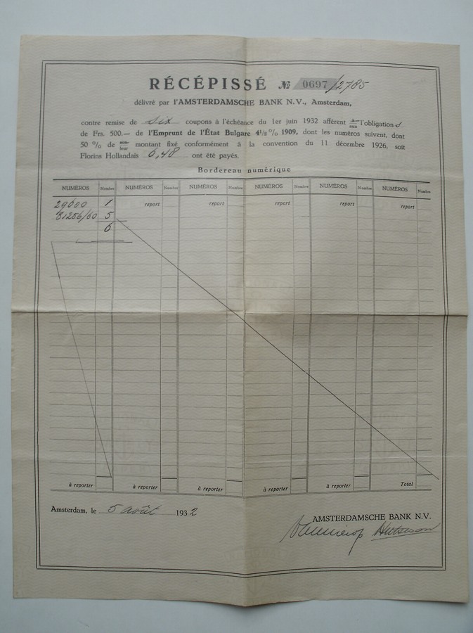 nn. - Recepisse no. 0697 delivre par l` Amsterdamsche bank n.v, Amsterdam contre remise de six coupons