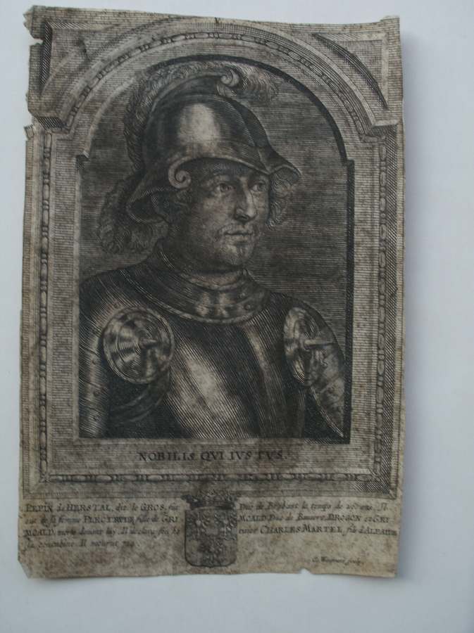 antique print (prent). - Pepijn van Herstal. Pepin de Herstal. (portrait).