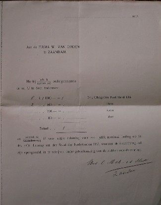 (zaanstreek). - Hierbij heb ik ondergeteekende Wed. C. Mats van de stadt de eer u te doen toekomen (..) 5% obligatien Nederland 1914.