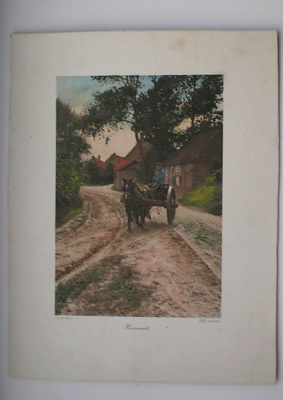 antique print (prent). - Huiswaarts. Boerenkar met paard op zandweg.