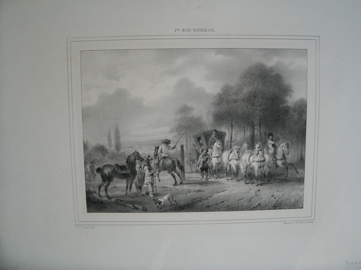 antique print (prent). - P. Wouwerman. (paarden).