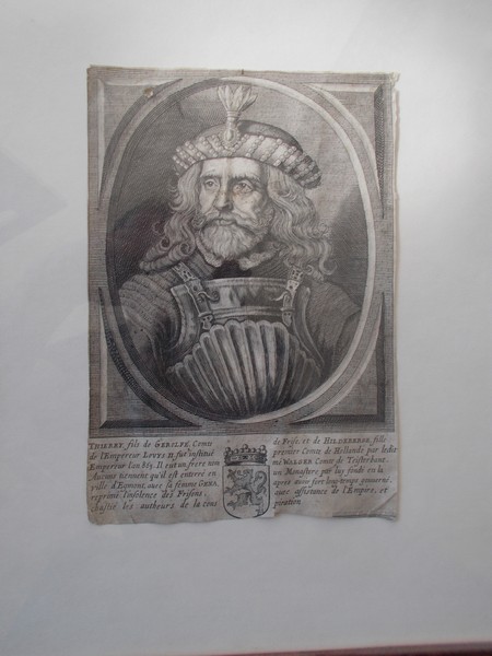 antique print (prent). - (Graaf Dirk I). Thierry fils de Gerolfe (..) un monastere par luy fonde en la ville d` Egmont (..).