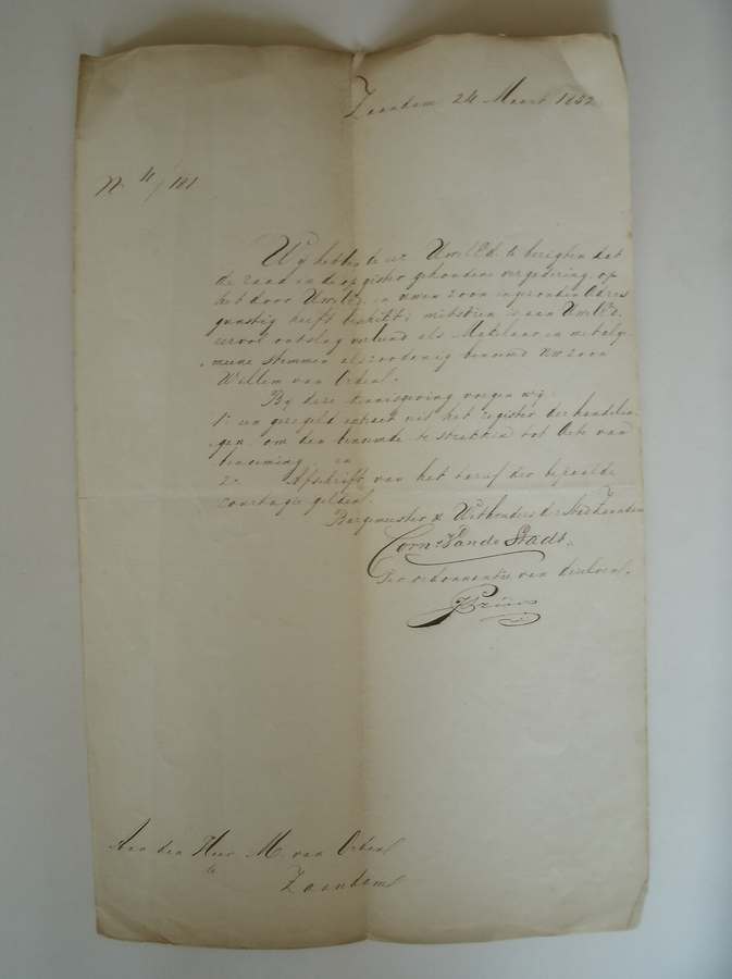 (genealogie, zaanstreek). - (van Orden family). Brief van de raad van Zaandam dat zij met algemene stemmen Meindert van Orden ontslag verlenen als makelaar,