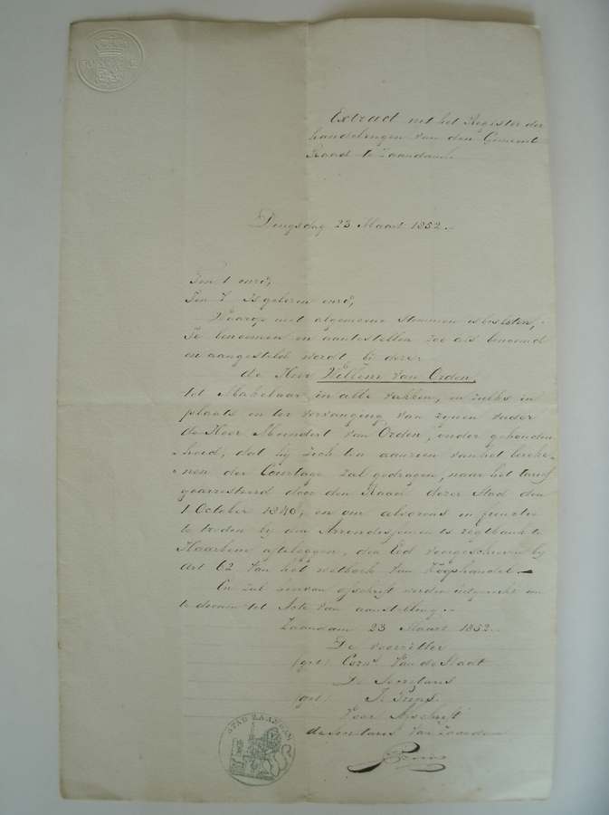 (genealogie, zaanstreek). - (van Orden family). Extract uit de registers der handelingen van den gemeente raad te Zaandam.