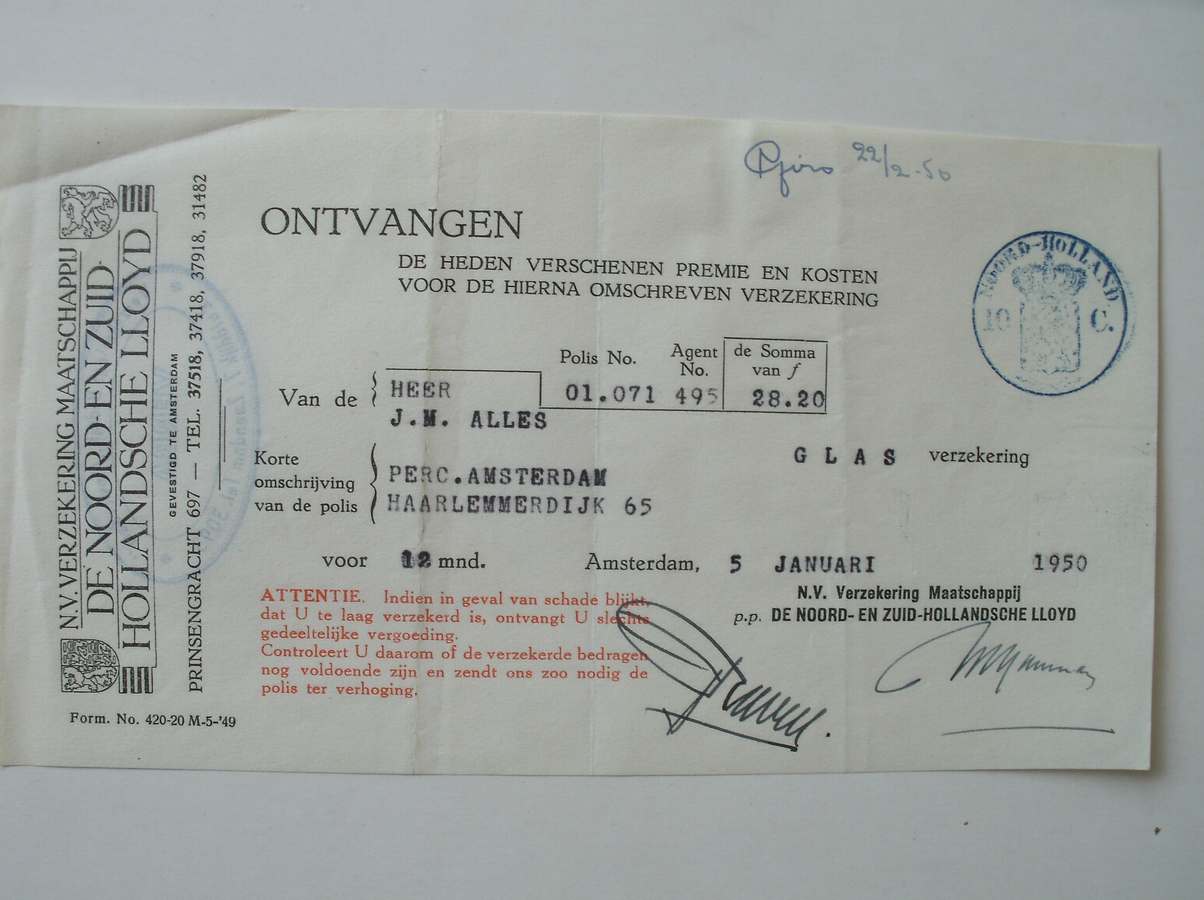(genealogie, zaanstreek). - (J.M. Alles). Ontvangen (..) van de heer J.M. Alles de somma van f 28,20 glasverzekering. Perc. Haarlemmerdijk 65, Amsterdam