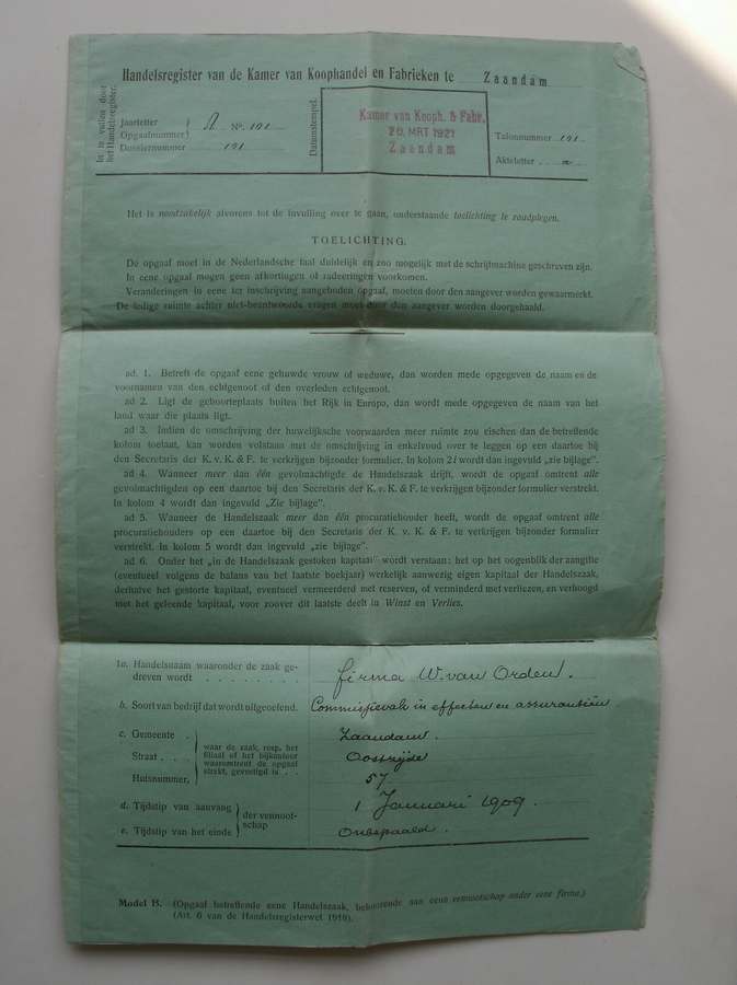 (genealogie, zaanstreek). - (van Orden family). Inschrijving in het handelsregister van de kamer van koophandel en fabrieken te Zaandam.