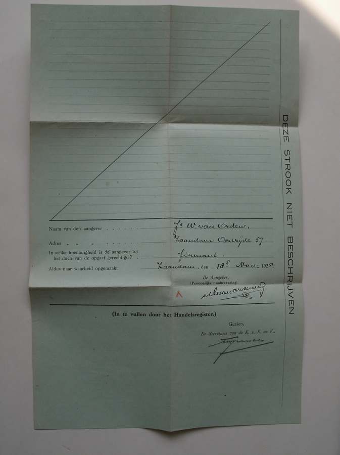 (genealogie, zaanstreek). - (van Orden family). Inschrijving in het handelsregister van de kamer van koophandel en fabrieken te Zaandam.