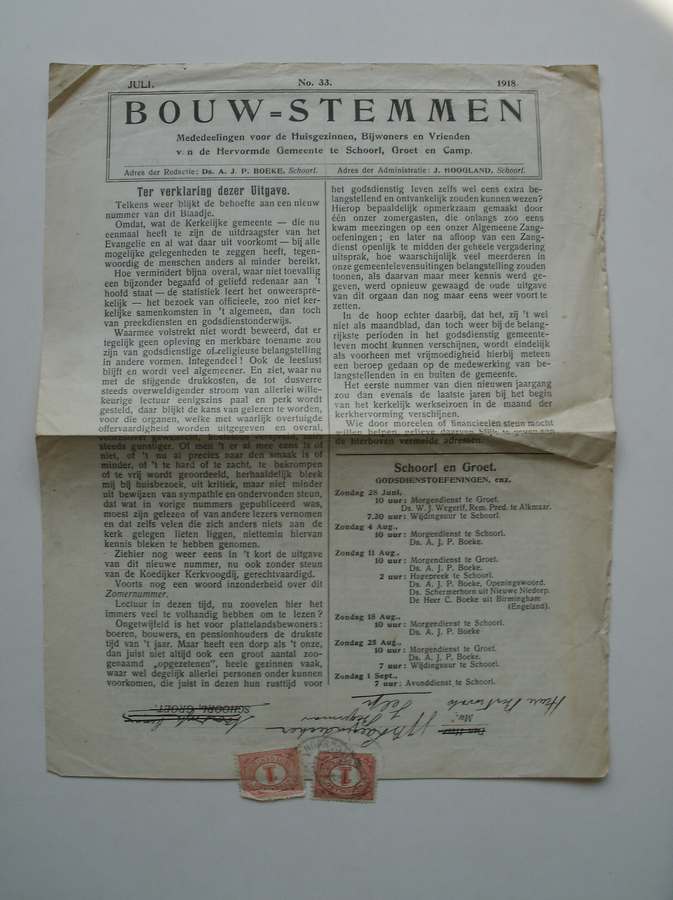 BOEKE, A.J.P. (RED.), - Bouwstemmen. Mededeelingen voor de huisgezinnen, bijwoners en vrienden van de Hervormde Gemeente te Schoorl,