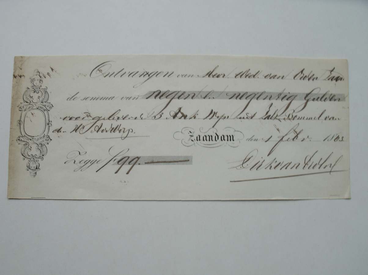 (genealogie, zaanstreek), - (van Orden family). Ontvangen van de Wed. van Orden Zaandam de somma van negenennegentig gulden voor geleverde 3 Ank. Matse uit Zaltbommel.