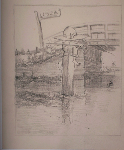 Tekening. anoniem. - Lisse. Vissend kind met hoed.