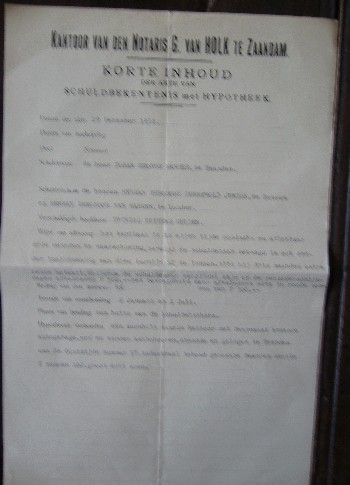 (genealogie, zaanstreek). - Korte inhoud der akte van schuldbekentenis met hypotheek.