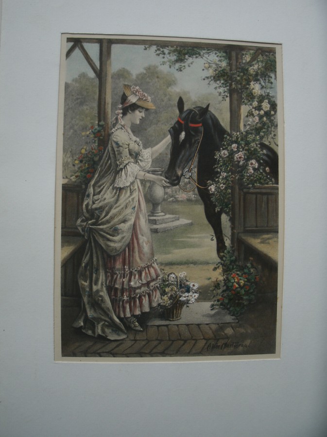 antique print (prent). - Alice Martineau. Dame met paard.