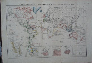 antique map. kaart. - Ontdekkingen en bezittingen der Europeesche volken. (world map).