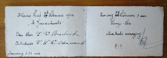 manuscript (genealogie). - Kleine fuif 26 februari St. Jurrienburcht. Den Heer E.W. Brodnitz. Introducee E. J. Wildervanck.