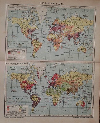 antique map (kaart). - (worl map) Erdkarten. Volksdichte um 1900. Verteilung der Religionen auf der Erde. World maps.