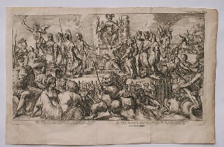 antique print (prent). - Siet hier het zevenbond der vrij gevochte landen, door `s hemels wonderen, met wackre dapperheid. (..).
