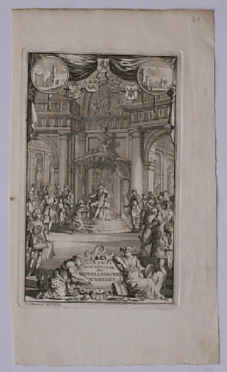 antique print (prent). - Lud. Smits schatkamer der Nederlandsche oudheden. Allegorie.