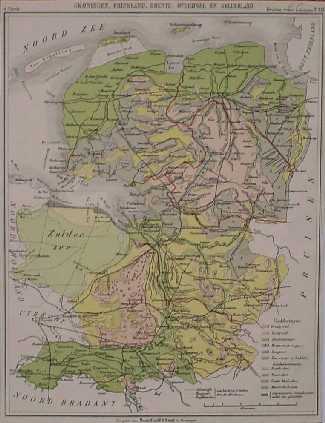 antique map. (kaart). - Groningen, Friesland, Drente, Overijsel, Gelderland.