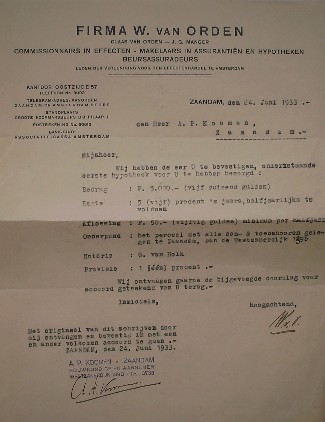 (genealogie, zaanstreek) - Brief aan A.P. Koomen, Zaandam, bouwkundige en aannemer, Westzanerdijk 139b, betreffende hypotheek.