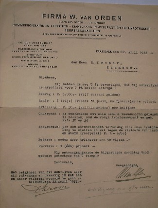 (genealogie, zaanstreek) - Brief aan D. Kramer, Zaandam, betreffende hypotheek pand Jong Arnoldusstraat.
