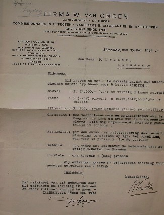 (genealogie, zaanstreek) - Brief aan D. Kramer, Zaandam, betreffende hypotheek pand Anemonenstraat.