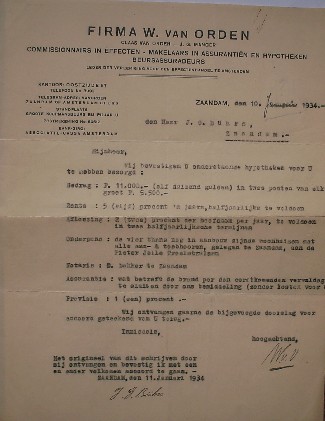 (genealogie, zaanstreek) - Brief aan J.G. Buhls, Zaandam, betreffende hypotheek pand Pieter Jelle Troelstralaan.