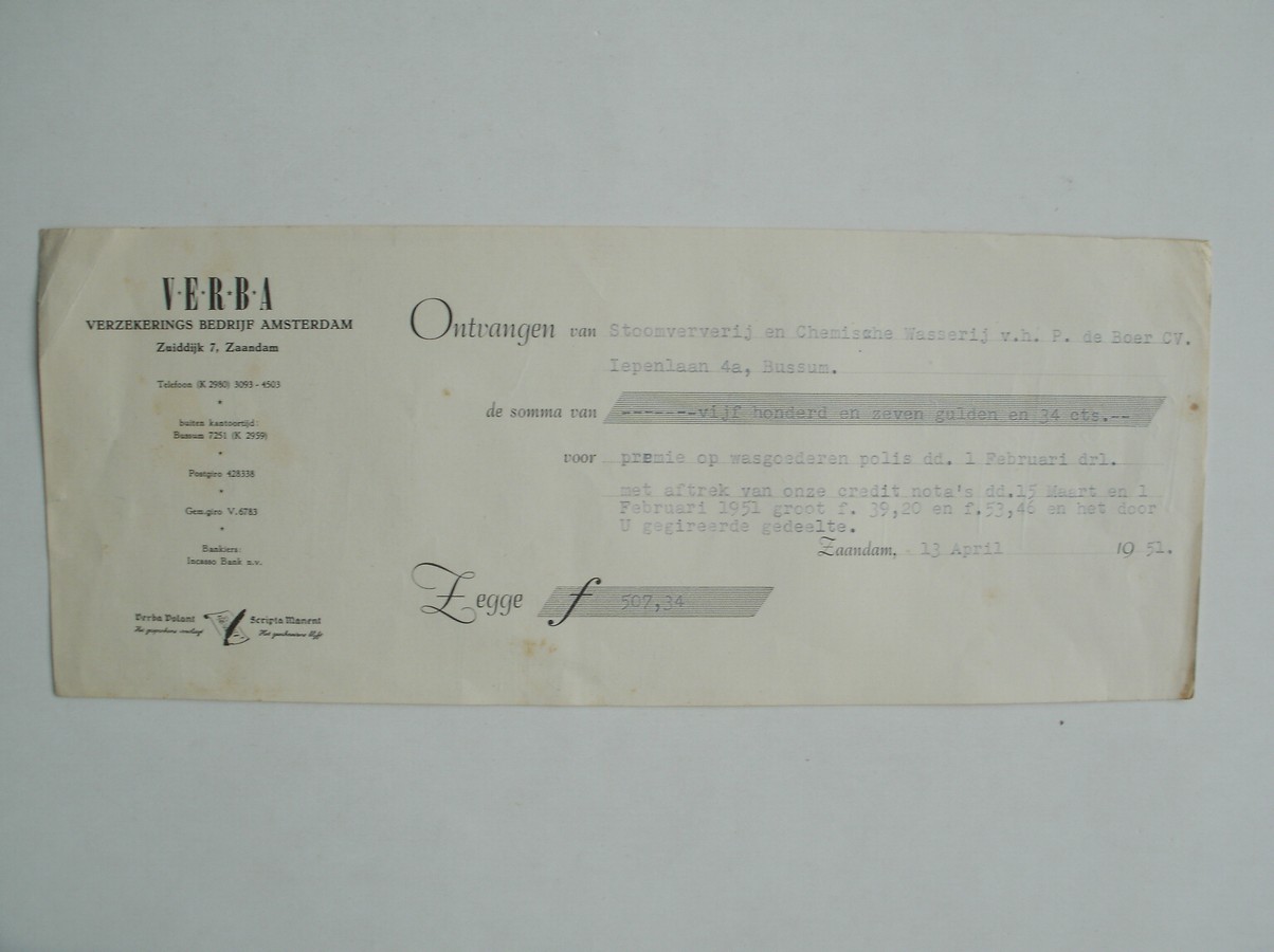 (Genealogie, de Boer), - Verba verzekeringsbedrijf. Ontvangen wasgoederen polis, Stoomververij en chemische wasserij v.h. P. de Boer, Bussum.