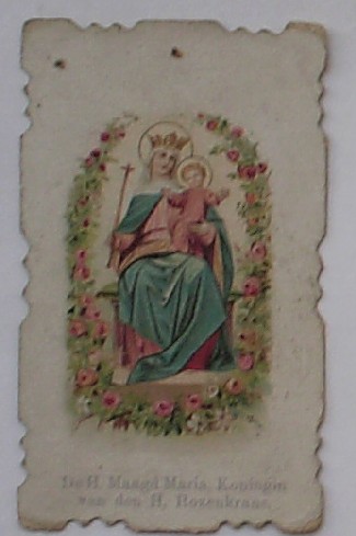 antique print (prent). - De H. Maagd Maria, Koningin van den H. Rozenkrans. Devotieprentje.