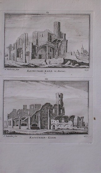 antique print (prent). - (Delft). Kathuyser kerk in ruwine. Kathuyser kerk.