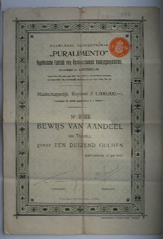Antique stock. Aandeel. - NV Puralimento. Hygienische fabriek van verduurzaamde voedingsmiddelen.