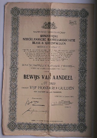 Antique stock. Aandeel. - NV Koninklijke Nederlandsche Handelsassociatie Blass & Groenewegen gevestigd te utrecht.