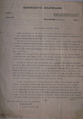(genealogie, zaanstreek). - Brief Gemeente Zaandam betreffende genealogie familie van van Orden.