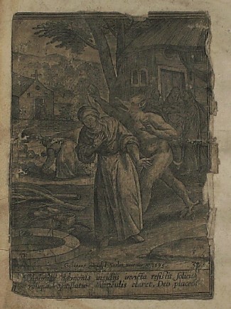 antique print (prent). - (Satan) demonis insidijs invicta resistis (..). Goltzius excud. I. Snelin inventor Ao 1595.