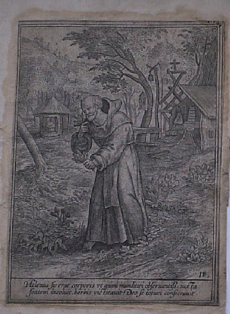 antique print (prent), - Helenus sic erat corporis ut animi munditiei observantiss iux ta fontem incolvit (..). Verso: Ioannes (..).