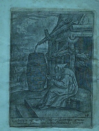 antique print (prent), - (Satan) Spiridion coelestis doctrinae gnarus tirones in antro docet daemonis laqueos vitare & carnem simul edomare. Verso: Ammon vir natalis nitrae (..).