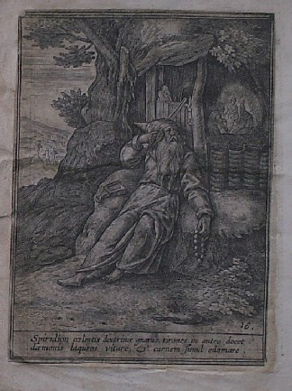 antique print (prent), - (Satan) Spiridion coelestis doctrinae gnarus tirones in antro docet daemonis laqueos vitare & carnem simul edomare. Verso: Ammon vir natalis nitrae (..).